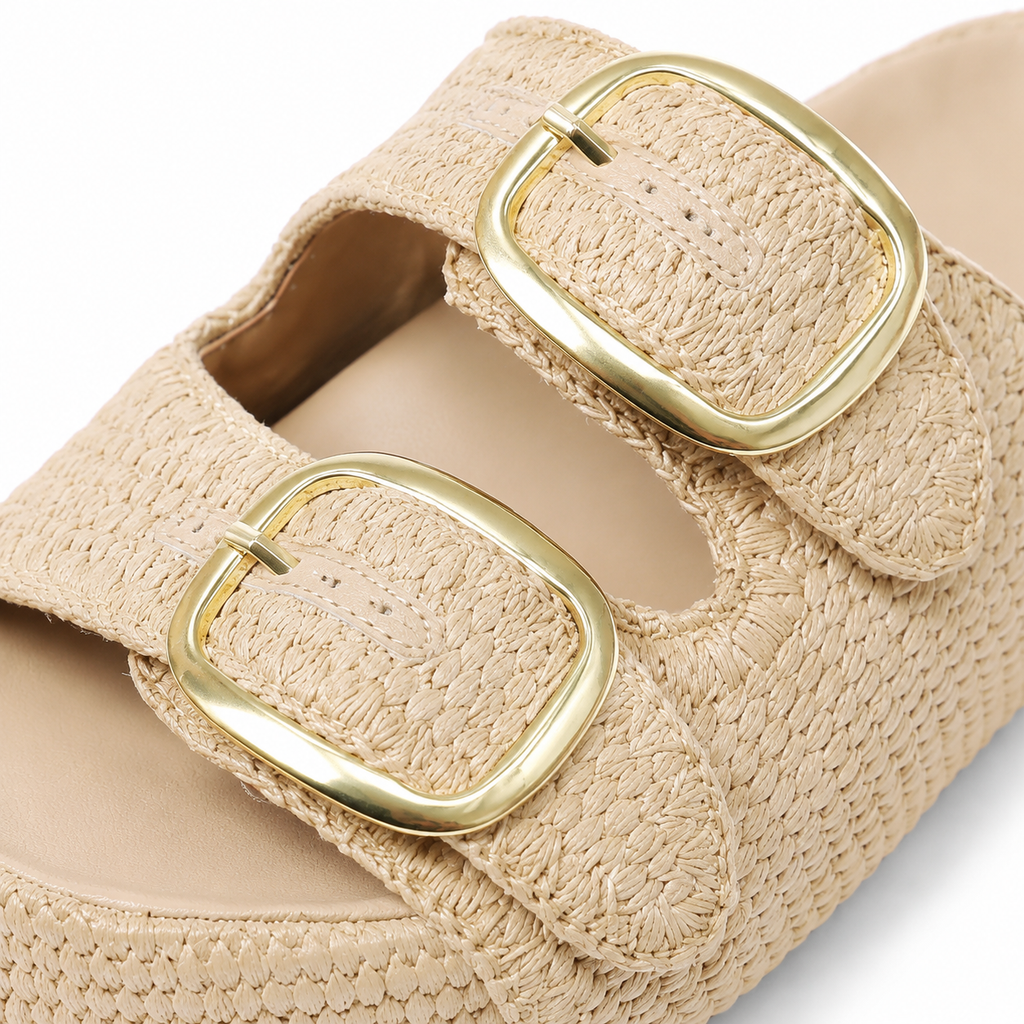 Soft Apricot Women's Open-Toe Raffia Buckle Slide Sandals close-up detail