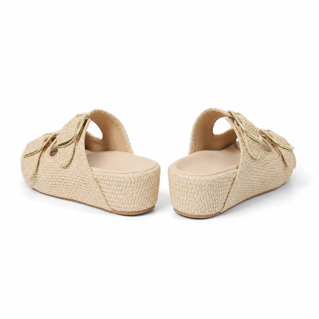 Soft Apricot Women's Open-Toe Raffia Buckle Slide Sandals heel detail