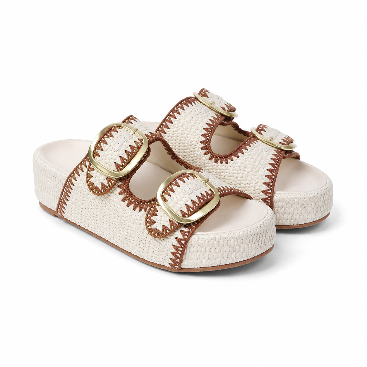 Cream Ivory Women's Open-Toe Raffia Buckle Slide Sandals