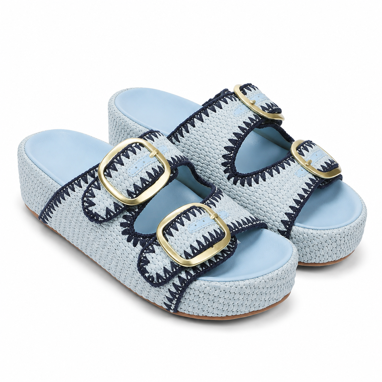 Hazy Blue Women's Open-Toe Raffia Buckle Slide Sandals