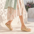 Soft Apricot Women's Open-Toe Raffia Buckle Slide Sandals lifestyle scene