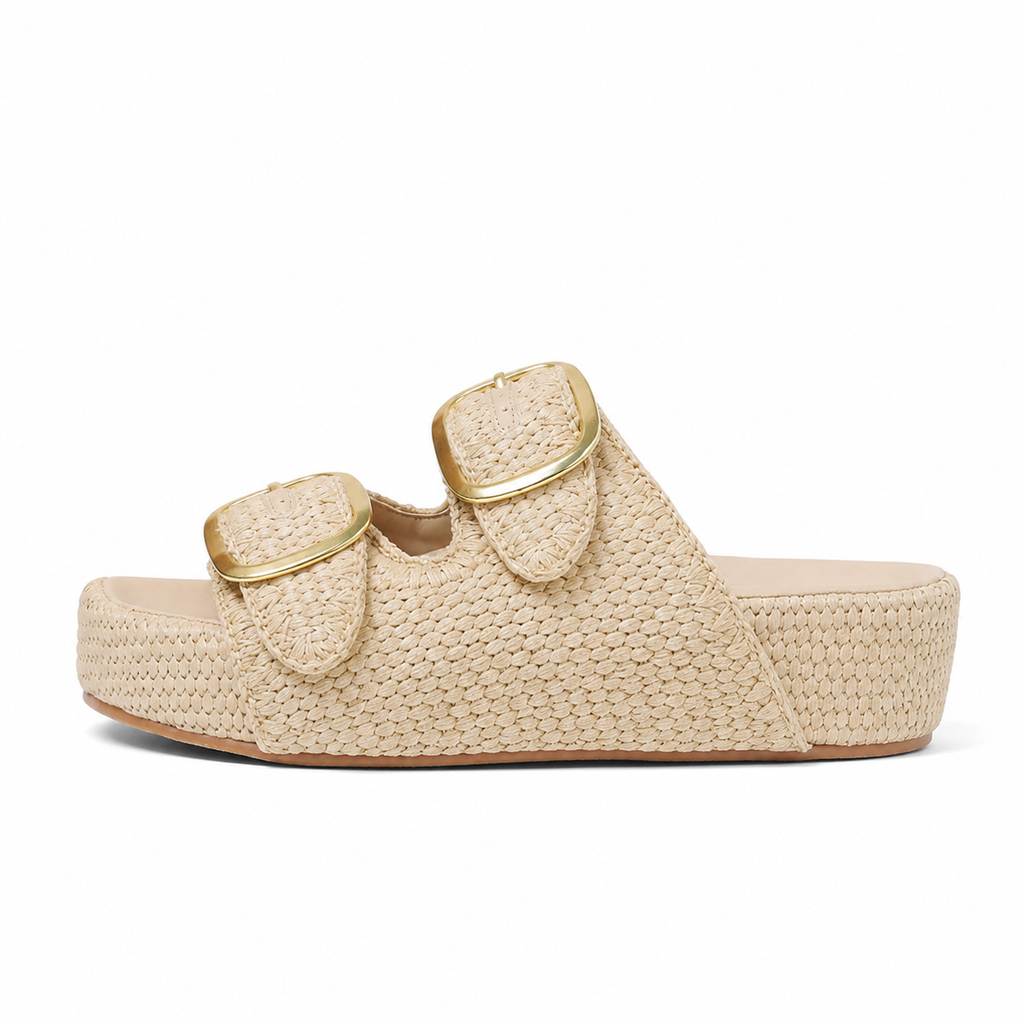 Soft Apricot Women's Open-Toe Raffia Buckle Slide Sandals side view