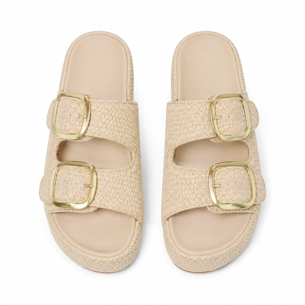 Soft Apricot Women's Open-Toe Raffia Buckle Slide Sandals top view