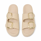Soft Apricot Women's Open-Toe Raffia Buckle Slide Sandals top view