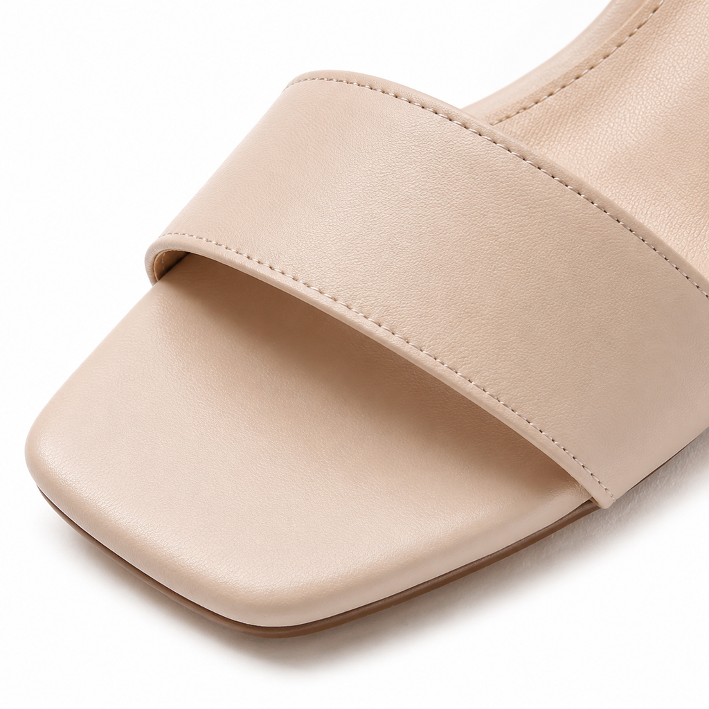 Warm Beige Women's Open-Toe Faux Leather Toe-Strap Heeled Sandals close-up detail