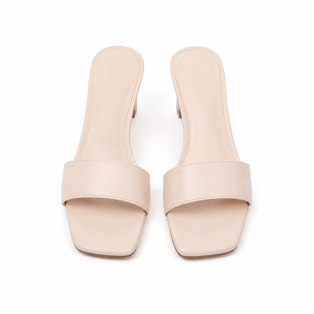 Warm Beige Women's Open-Toe Faux Leather Toe-Strap Heeled Sandals top view