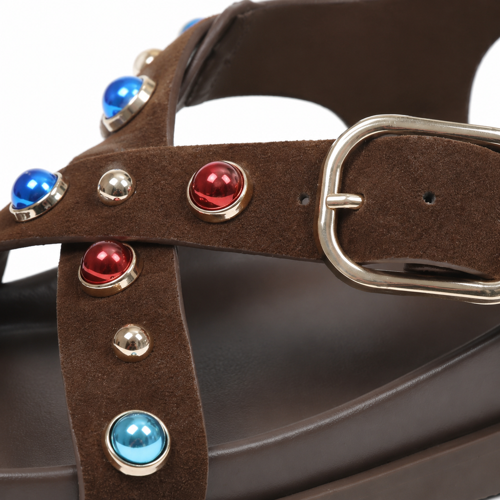 Rich Brown Women's Open-Toe Buckle Gladiator Sandals close-up detail