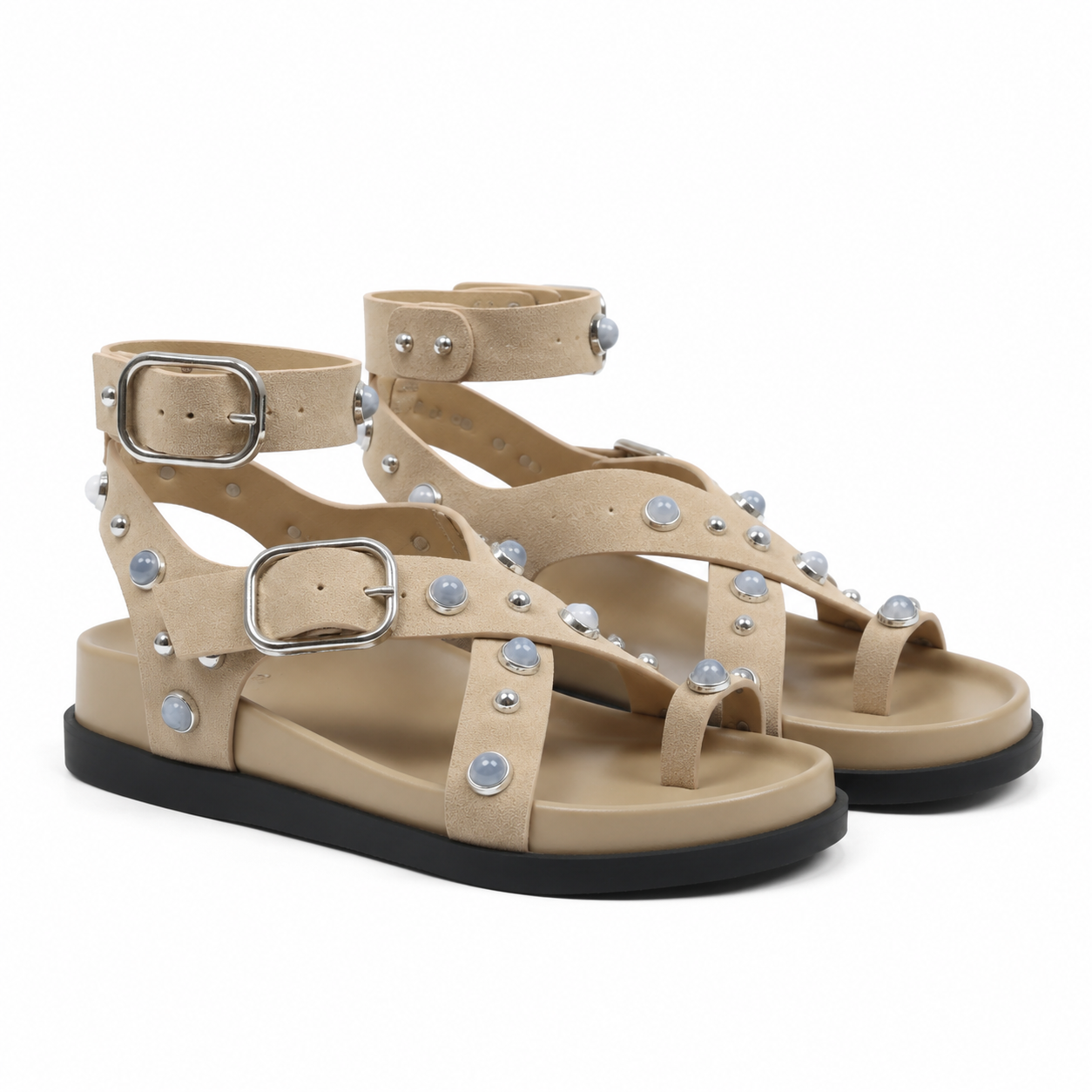 Pebble Grey Women's Open-Toe Buckle Gladiator Sandals