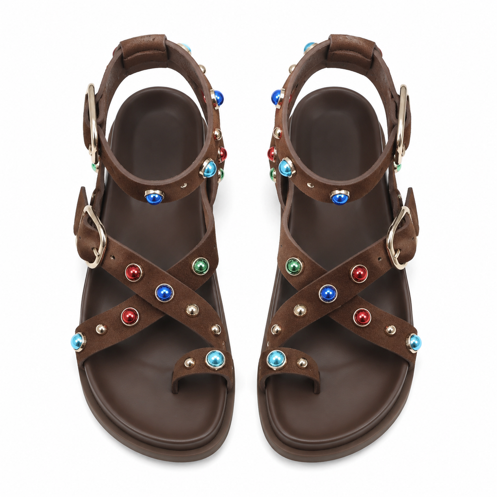 Rich Brown Women's Open-Toe Buckle Gladiator Sandals top view