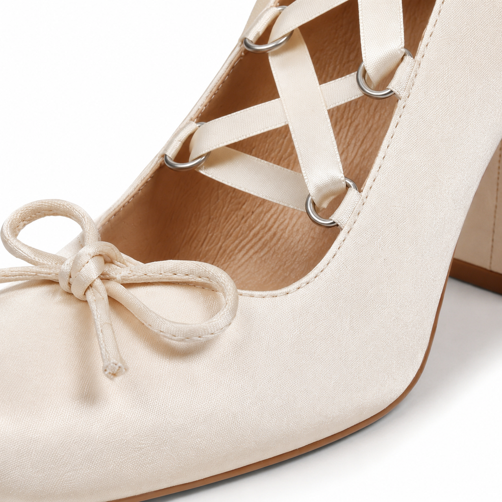 Soft Apricot Women's Square-Toe Block-Heel Satin Lace-Up Mary Jane Pumps close-up detail