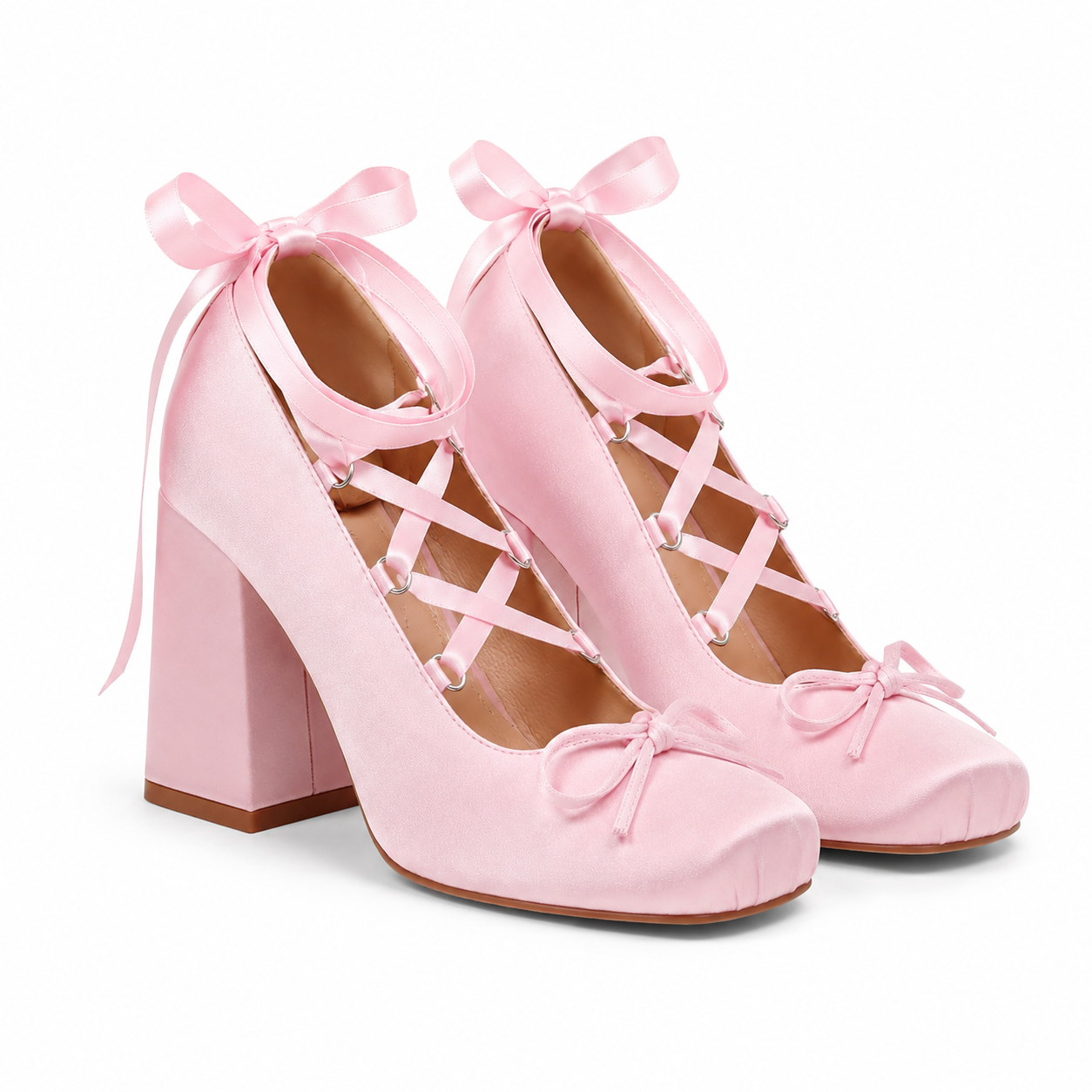 Dusty Rose Women's Square-Toe Block-Heel Satin Lace-Up Mary Jane Pumps