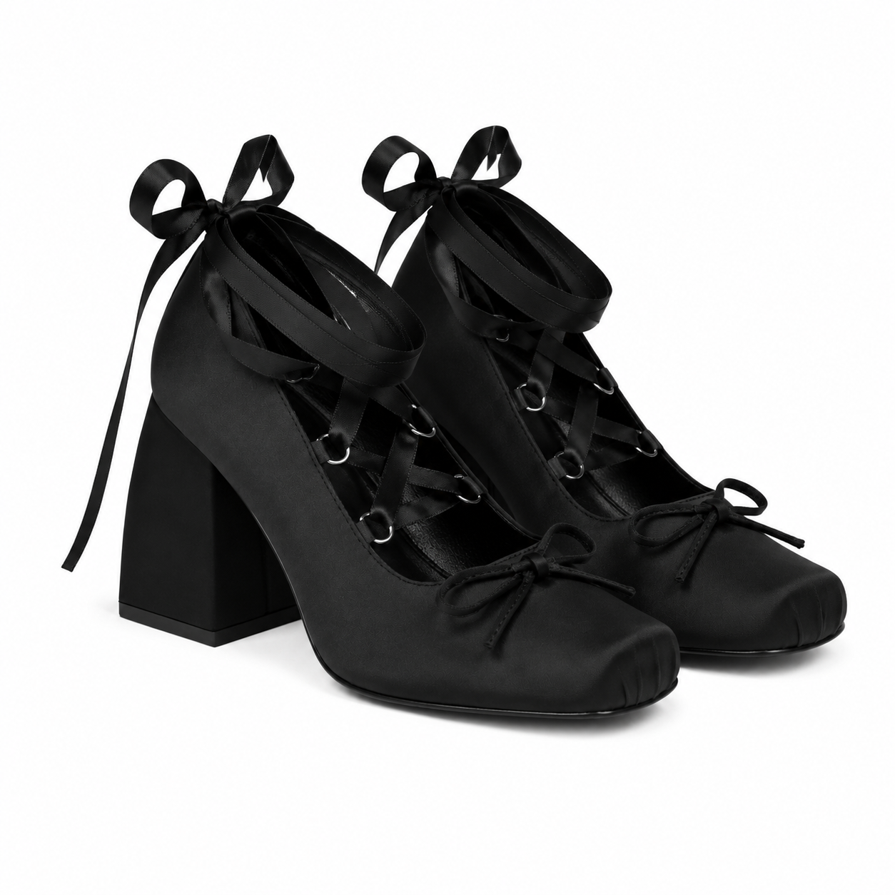 Deep Black Women's Square-Toe Block-Heel Satin Lace-Up Mary Jane Pumps