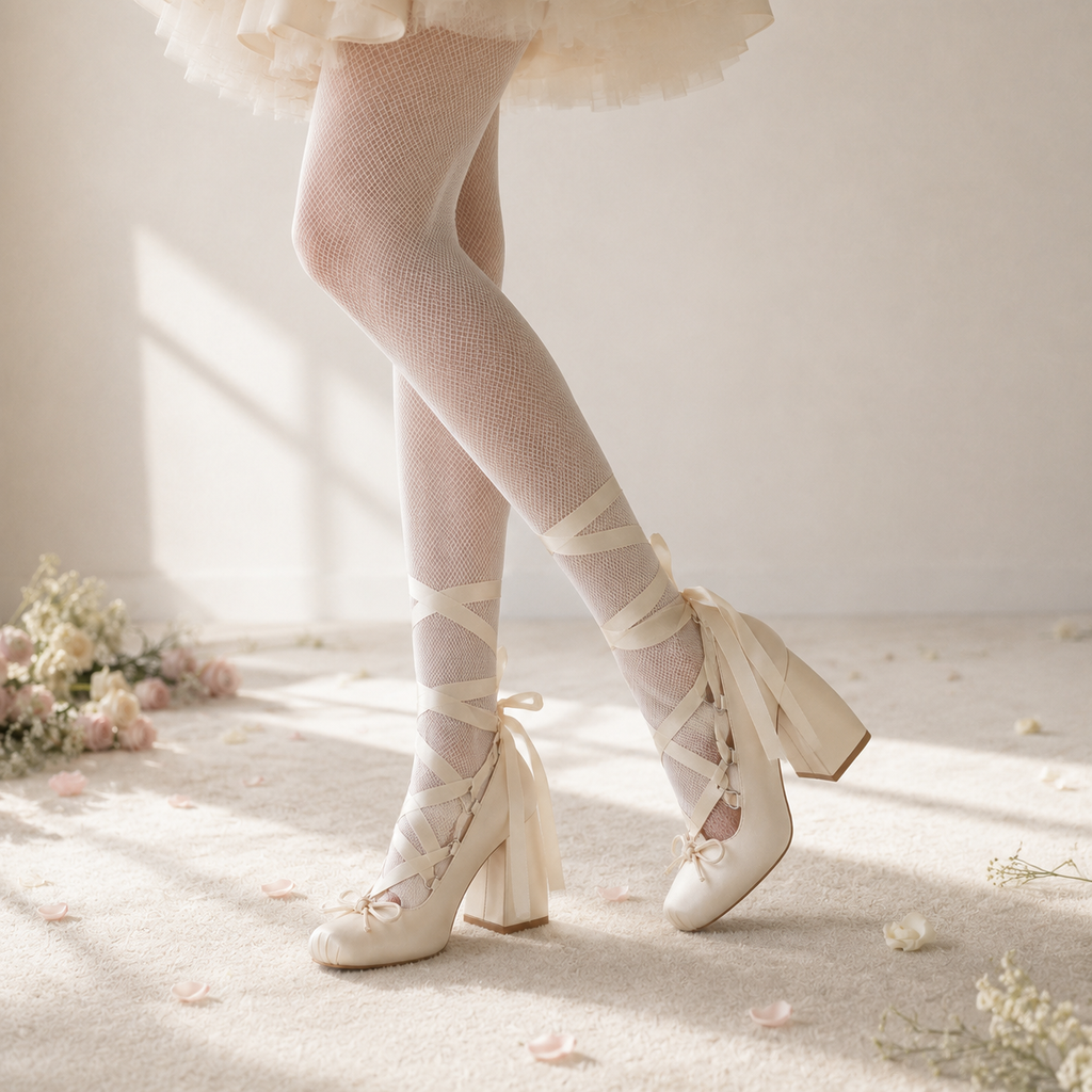 Soft Apricot Women's Square-Toe Block-Heel Satin Lace-Up Mary Jane Pumps on-foot view