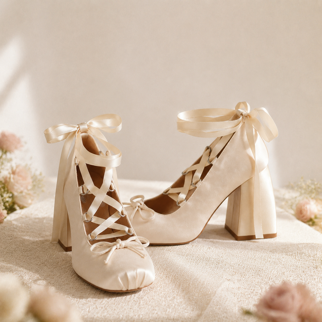 Soft Apricot Women's Square-Toe Block-Heel Satin Lace-Up Mary Jane Pumps styled scene