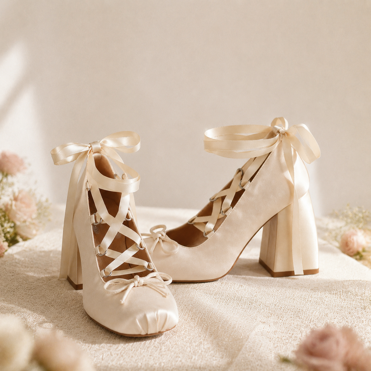 Soft Apricot Women's Square-Toe Block-Heel Satin Lace-Up Mary Jane Pumps styled scene