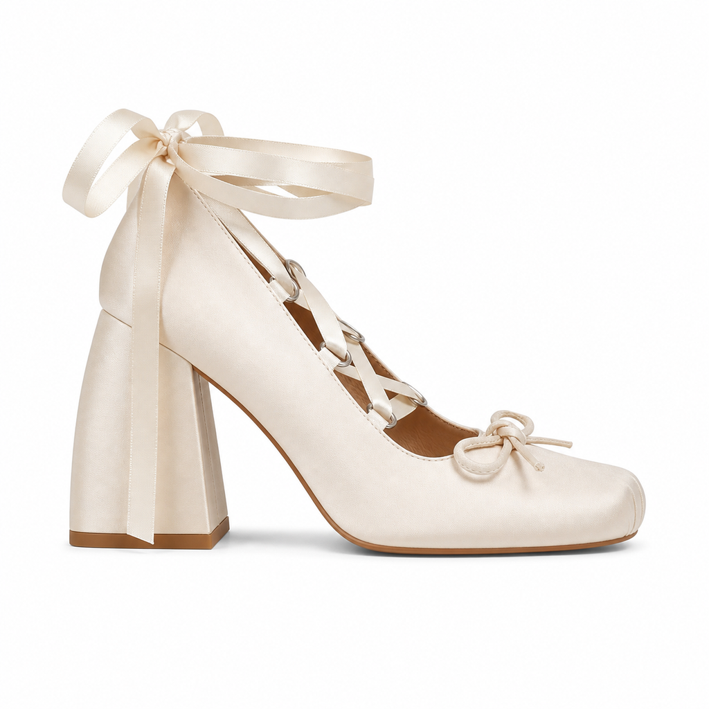 Soft Apricot Women's Square-Toe Block-Heel Satin Lace-Up Mary Jane Pumps side view