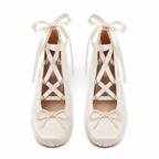 Soft Apricot Women's Square-Toe Block-Heel Satin Lace-Up Mary Jane Pumps top view