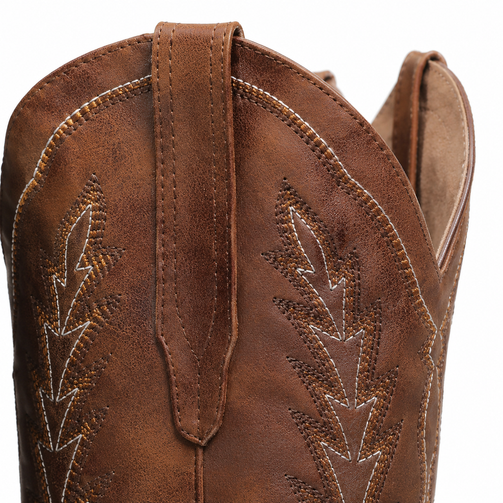 Rich Brown Women's Pointed-Toe Square-Heel Leather Knee-High Western Boots close-up detail