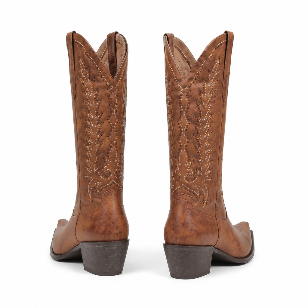 Rich Brown Women's Pointed-Toe Square-Heel Leather Knee-High Western Boots heel detail