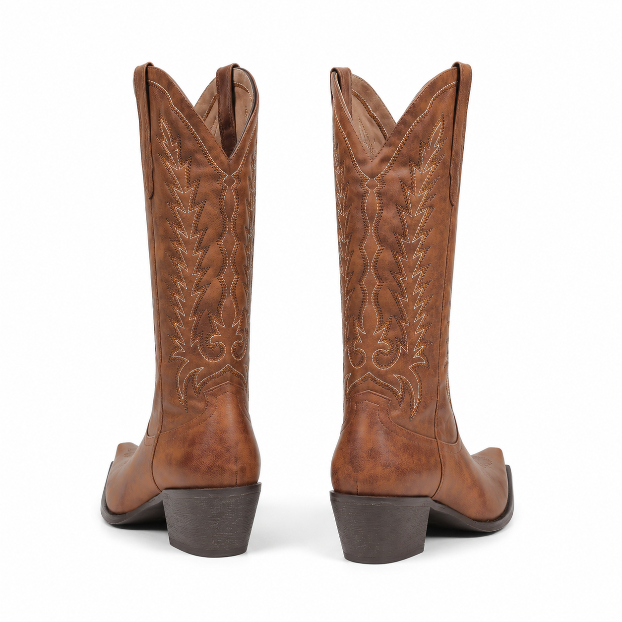 Rich Brown Women's Pointed-Toe Square-Heel Leather Knee-High Western Boots heel detail