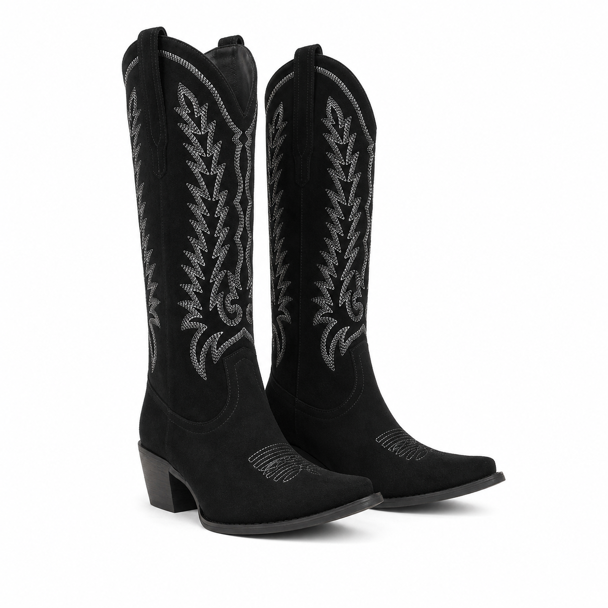 Black Suede Women's Pointed-Toe Square-Heel Leather Knee-High Western Boots
