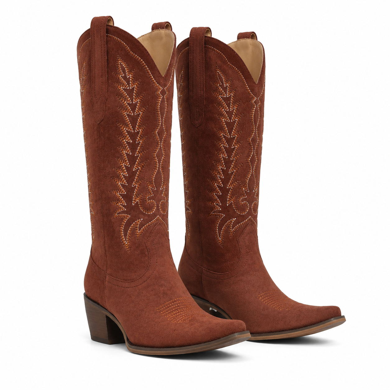 Brown Suede Women's Pointed-Toe Square-Heel Leather Knee-High Western Boots