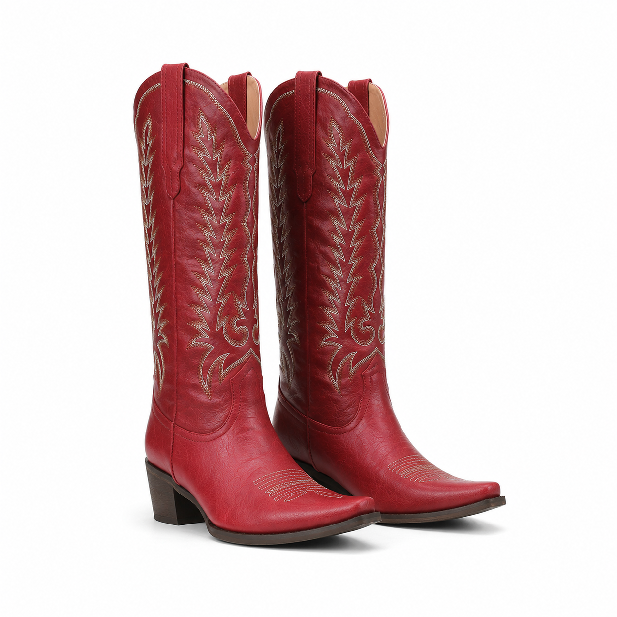 Deep Red Women's Pointed-Toe Square-Heel Leather Knee-High Western Boots