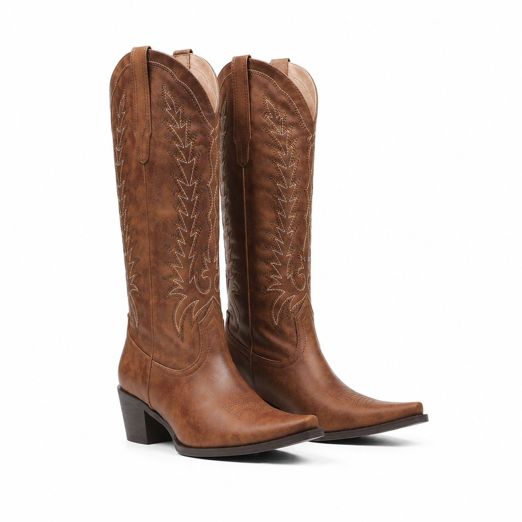 Rich Brown Women's Pointed-Toe Square-Heel Leather Knee-High Western Boots