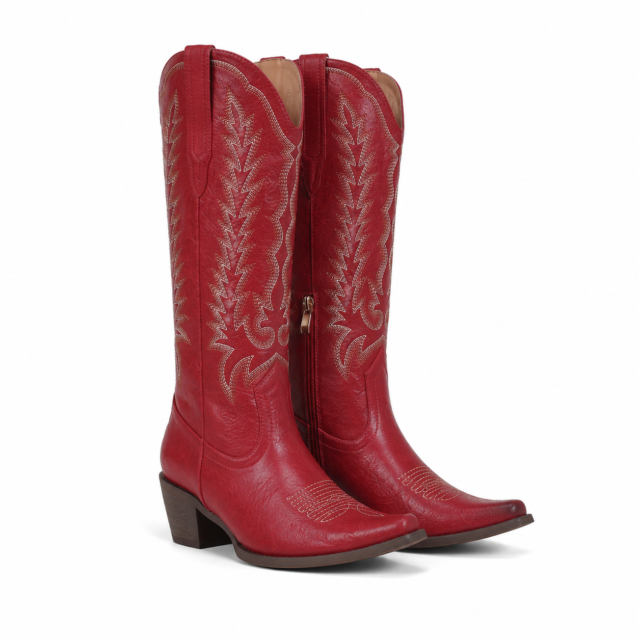 Deep Red 2 Women's Pointed-Toe Square-Heel Leather Knee-High Western Boots