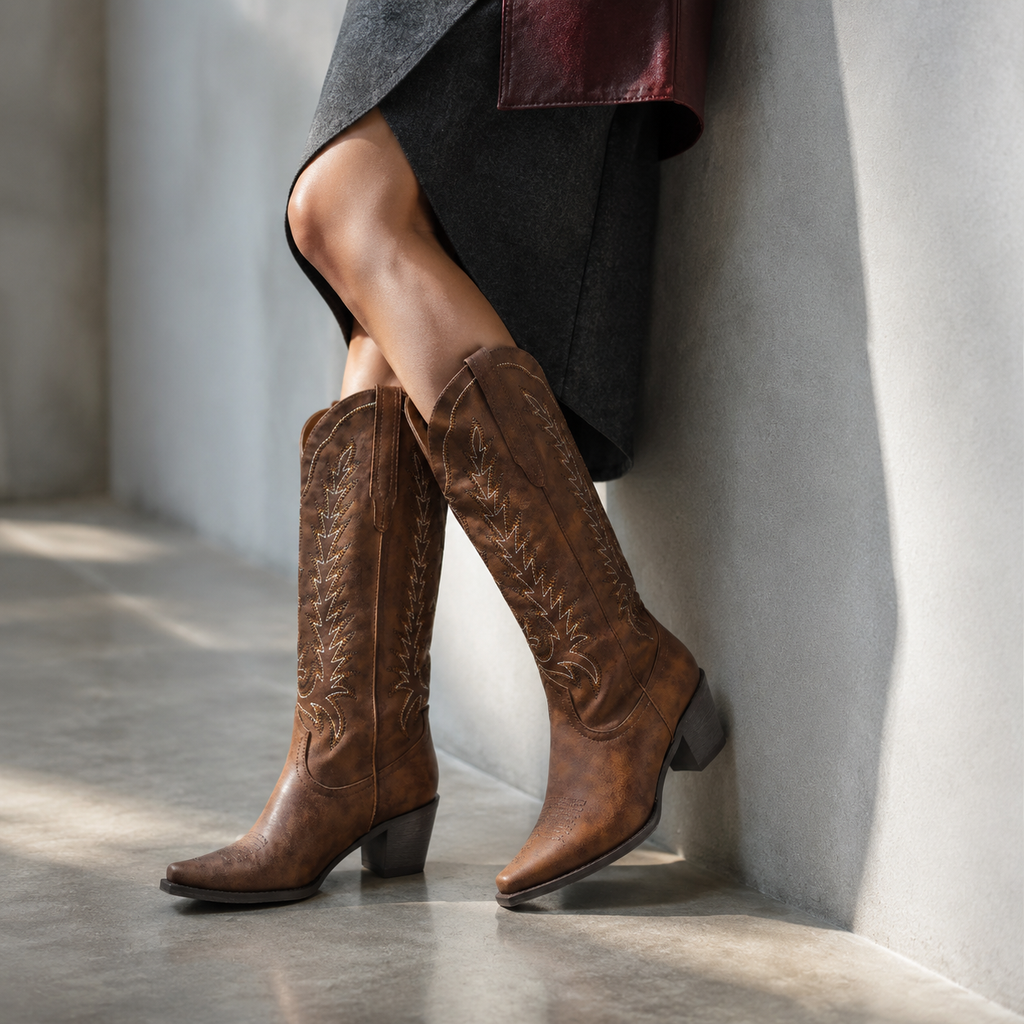 Rich Brown Women's Pointed-Toe Square-Heel Leather Knee-High Western Boots on-foot view
