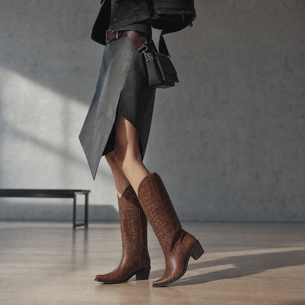 Rich Brown Women's Pointed-Toe Square-Heel Leather Knee-High Western Boots lifestyle scene