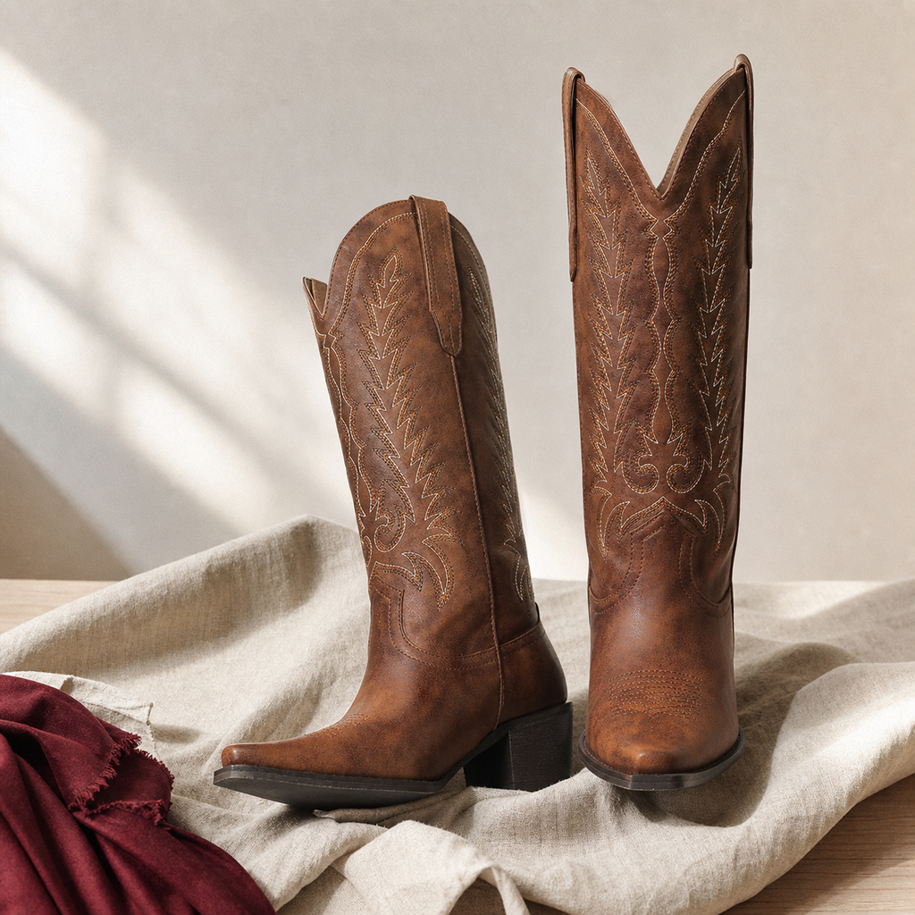 Rich Brown Women's Pointed-Toe Square-Heel Leather Knee-High Western Boots styled scene