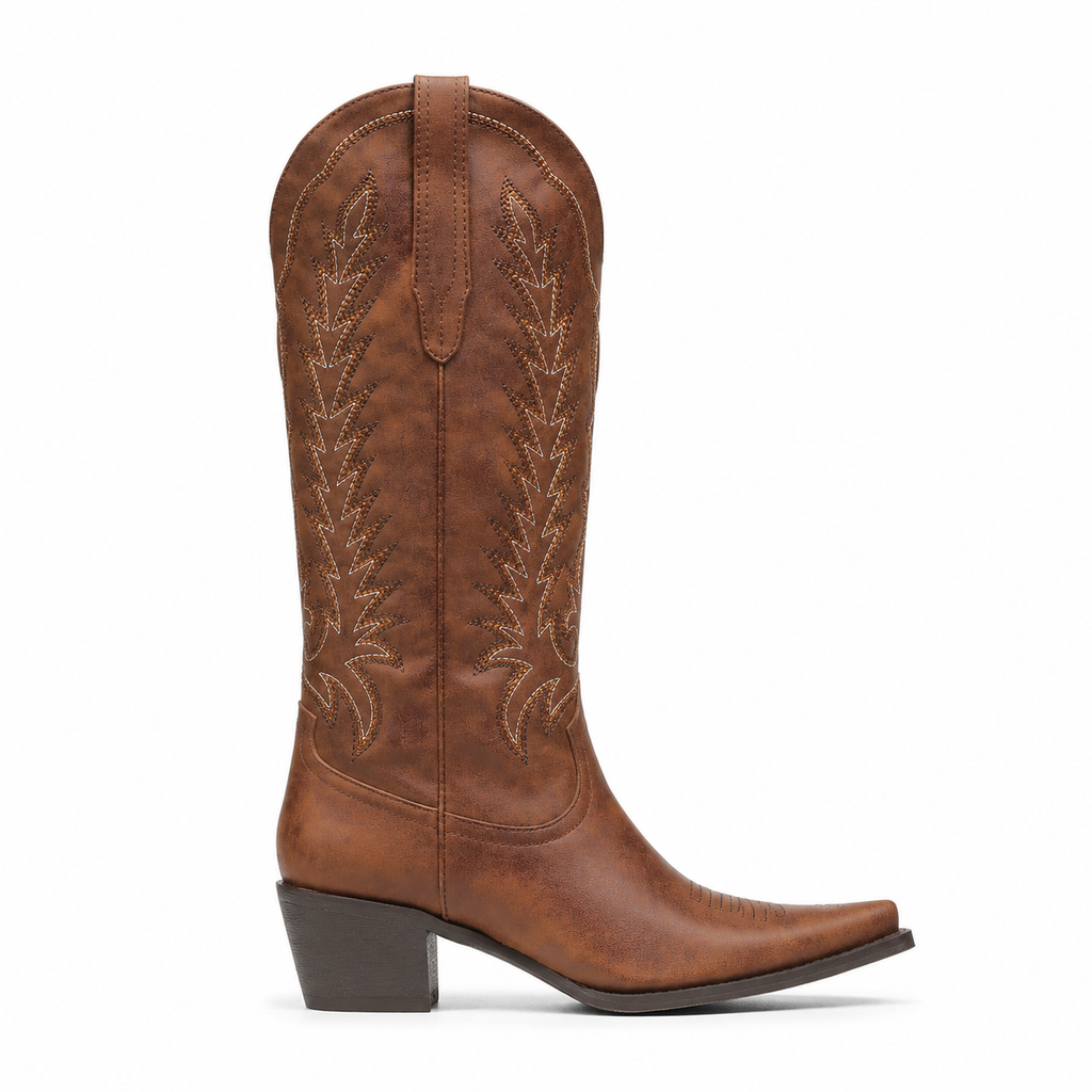 Rich Brown Women's Pointed-Toe Square-Heel Leather Knee-High Western Boots side view