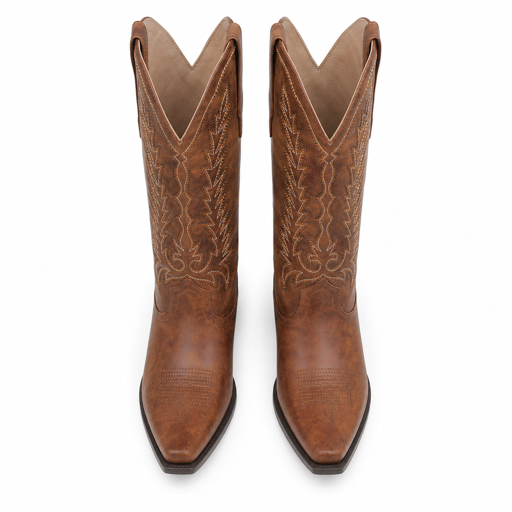 Rich Brown Women's Pointed-Toe Square-Heel Leather Knee-High Western Boots top view