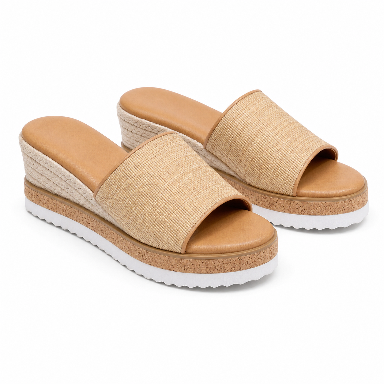 Brown Straw Women's Open-Toe Wedge-Heel Canvas Slip-On Platform Sandals