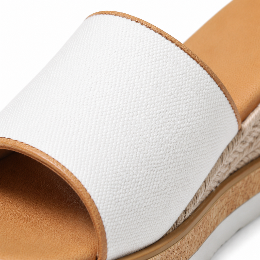 Cream Ivory Women's Open-Toe Wedge-Heel Canvas Slip-On Platform Sandals close-up detail