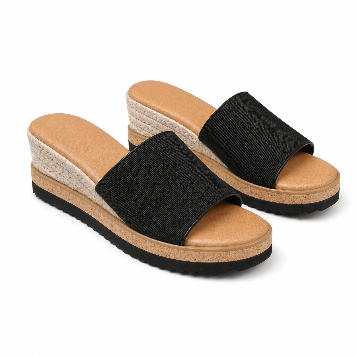 Deep Black Women's Open-Toe Wedge-Heel Canvas Slip-On Platform Sandals