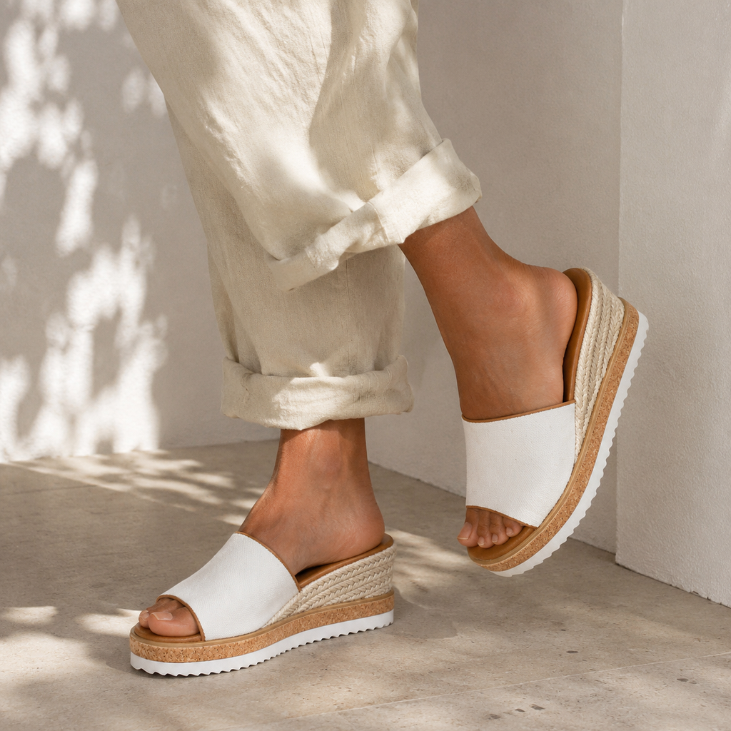Cream Ivory Women's Open-Toe Wedge-Heel Canvas Slip-On Platform Sandals on-foot view