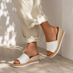 Cream Ivory Women's Open-Toe Wedge-Heel Canvas Slip-On Platform Sandals on-foot view