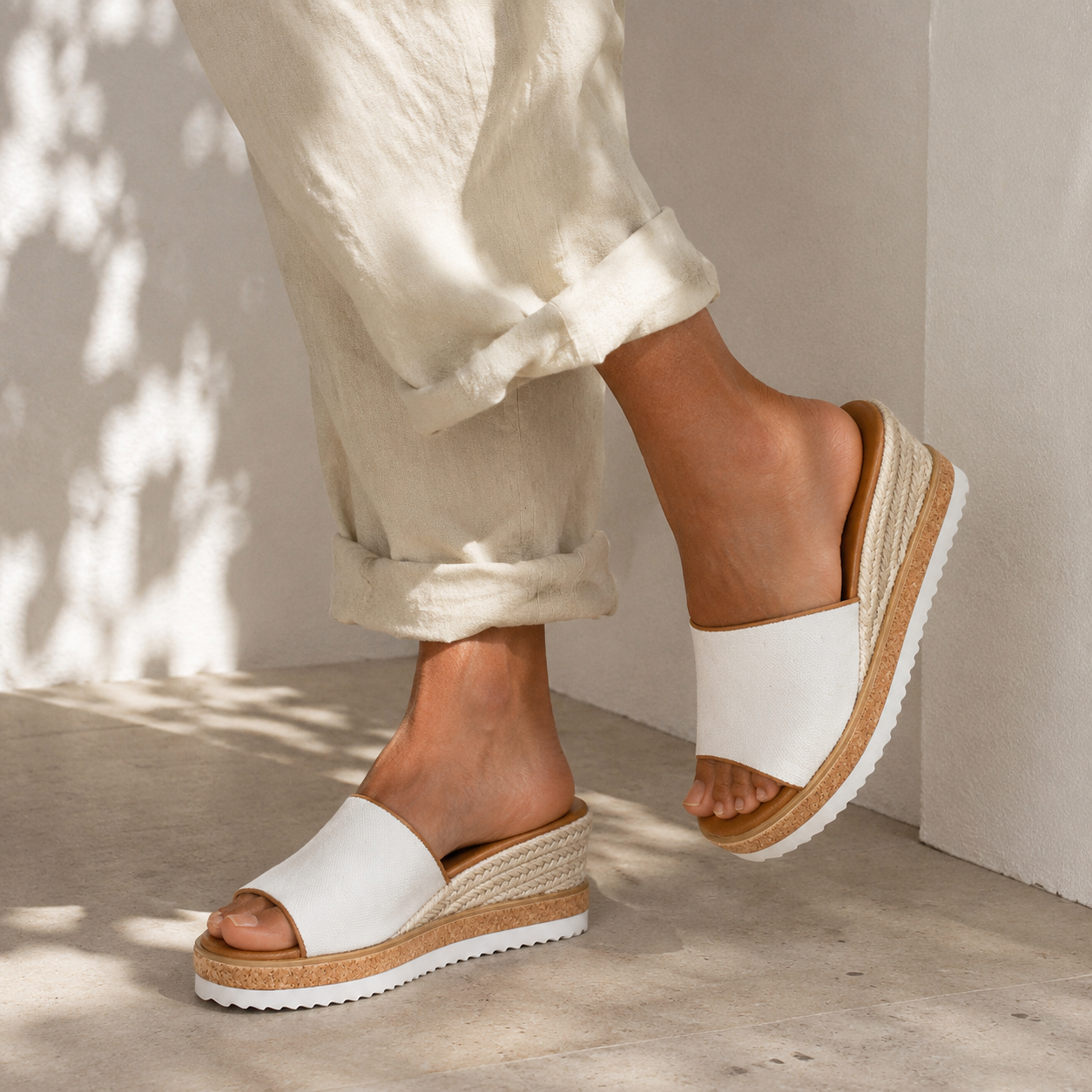 Cream Ivory Women's Open-Toe Wedge-Heel Canvas Slip-On Platform Sandals on-foot view