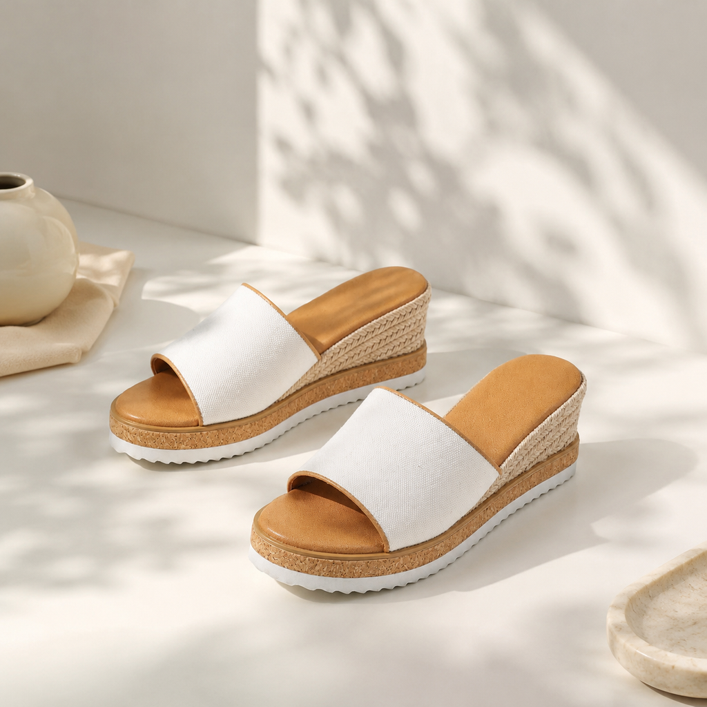 Cream Ivory Women's Open-Toe Wedge-Heel Canvas Slip-On Platform Sandals styled scene