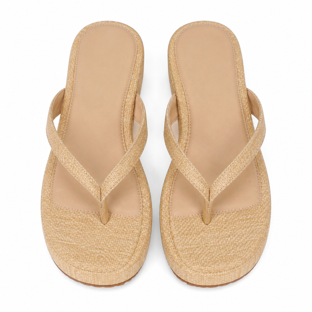 Brown Straw 2 Women's Open-Toe Platform-Wedge Slip-On Thong Sandals top view