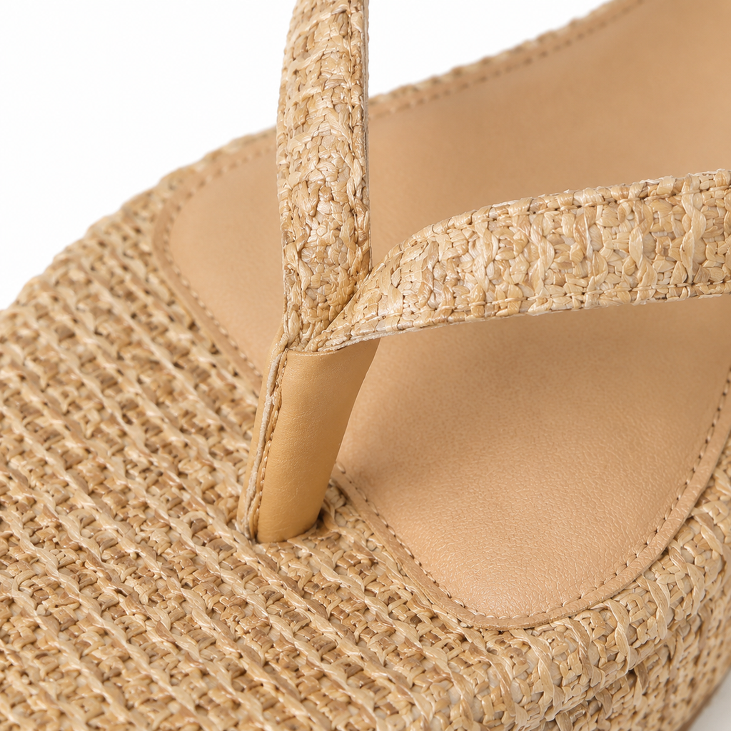 Brown Straw Women's Open-Toe Platform-Wedge Slip-On Thong Sandals close-up detail