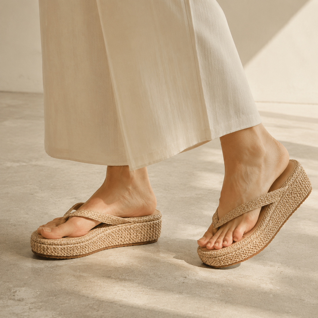 Brown Straw Women's Open-Toe Platform-Wedge Slip-On Thong Sandals on-foot view