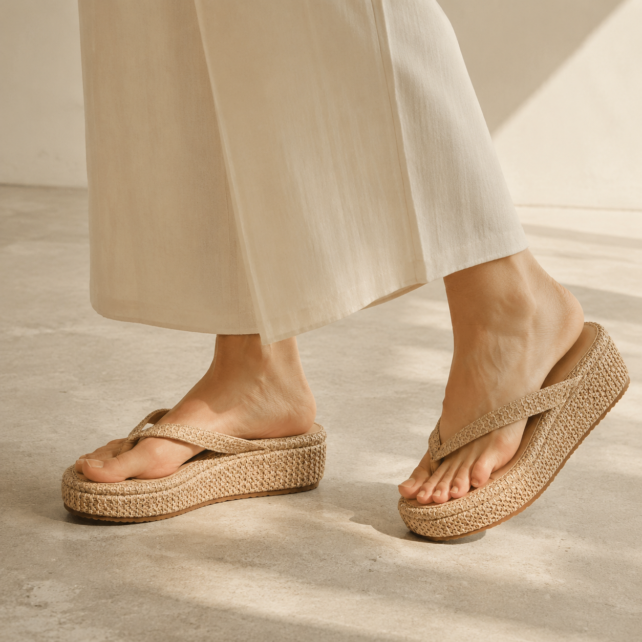 Brown Straw Women's Open-Toe Platform-Wedge Slip-On Thong Sandals on-foot view
