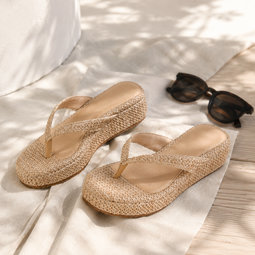 Brown Straw Women's Open-Toe Platform-Wedge Slip-On Thong Sandals styled scene