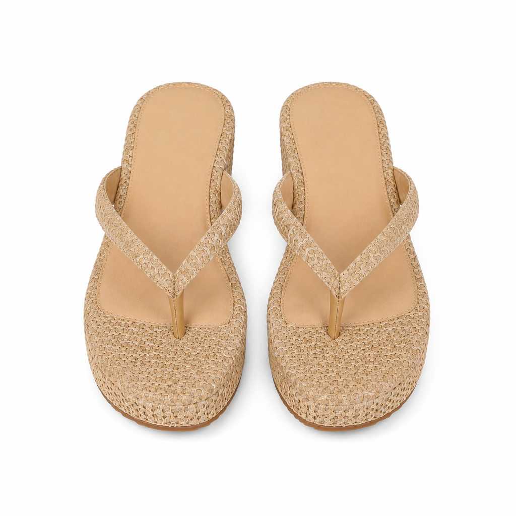 Brown Straw Women's Open-Toe Platform-Wedge Slip-On Thong Sandals top view