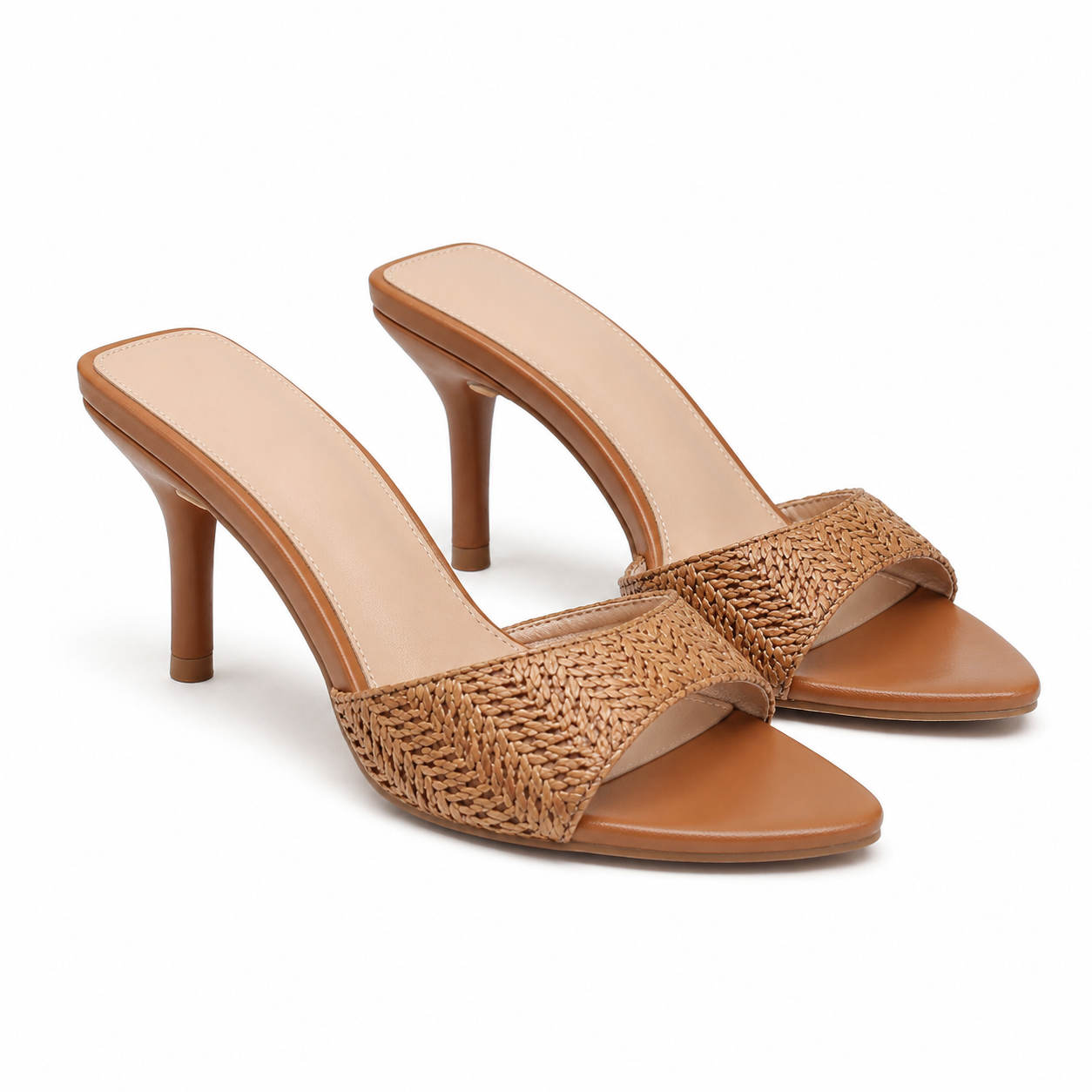 Brown Straw Women's Pointed-Toe Thin-Heel Leather Slide Slippers