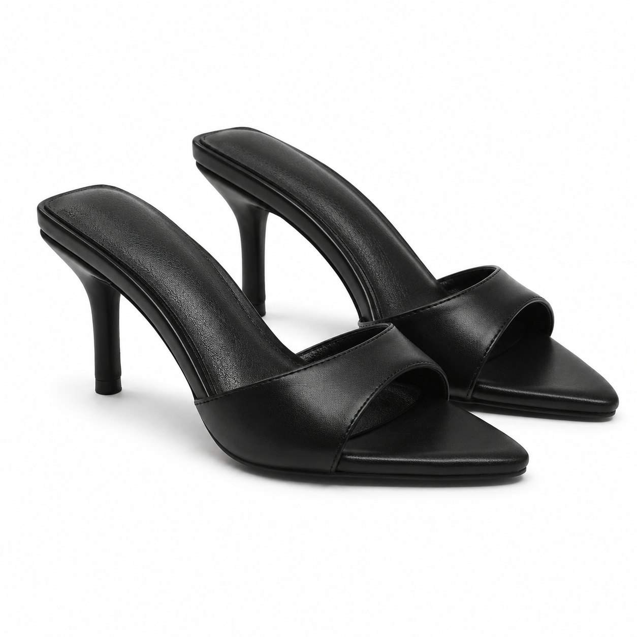 Deep Black Women's Pointed-Toe Thin-Heel Leather Slide Slippers