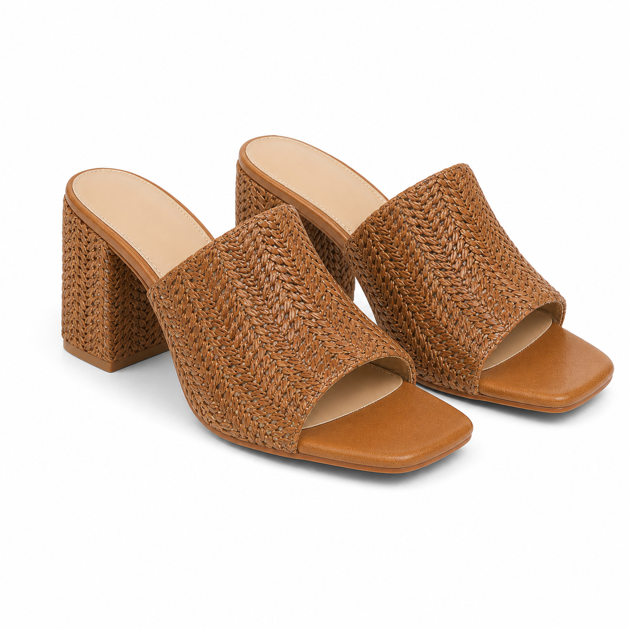 Brown Straw Women's Open-Toe Square-Heel Straw Slip-On Sandals